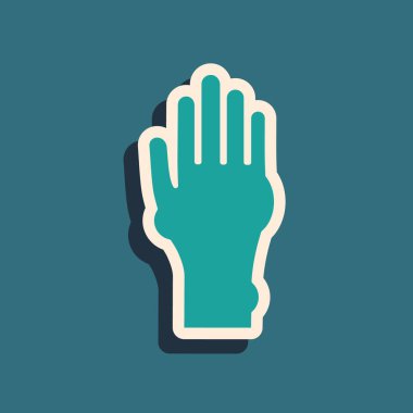 Mavi arka planda sedef ya da egzama ikonu olan yeşil el. Alerjene veya kronik vücut sorununa karşı insan derisi tepkisi kavramı. Uzun gölge tarzı. Vektör İllüstrasyonu