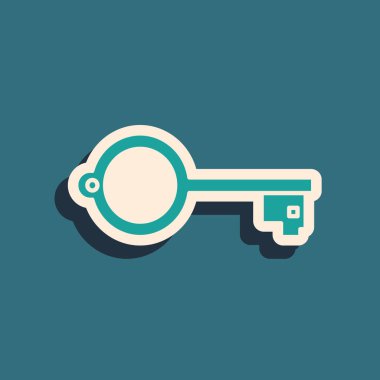 Oyun simgesi için yeşil Eskiler anahtarı mavi arkaplanda izole edildi. Uzun gölge tarzı. Vektör İllüstrasyonu