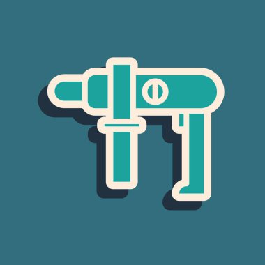 Mavi arkaplanda yeşil elektrikli matkap simgesi izole edildi. Tamir aleti. Uzun gölge tarzı. Vektör İllüstrasyonu