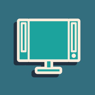 Mavi arkaplanda yeşil akıllı televizyon simgesi izole edildi. Televizyon tabelası. Uzun gölge tarzı. Vektör İllüstrasyonu