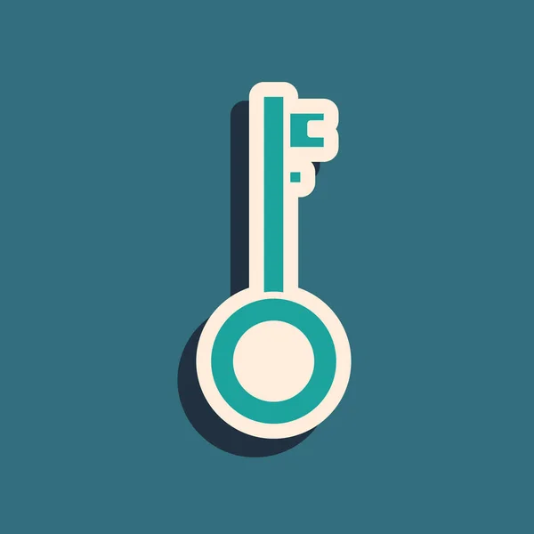 Grön Pirate nyckel ikon isolerad på blå bakgrund. Lång skuggstil. Vektor Illustration — Stock vektor