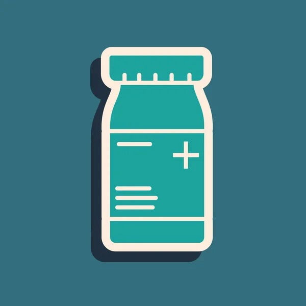 緑色の薬のボトルと錠剤のアイコンは、青い背景に分離しました。ボトルピルサイン薬局の設計。長いシャドウ スタイル。ベクトルイラストレーション — ストックベクタ