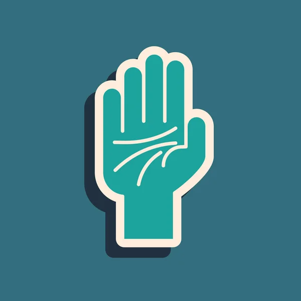Quiromantia verde do ícone da mão isolado no fundo azul. Estilo de sombra longo. Ilustração vetorial — Vetor de Stock