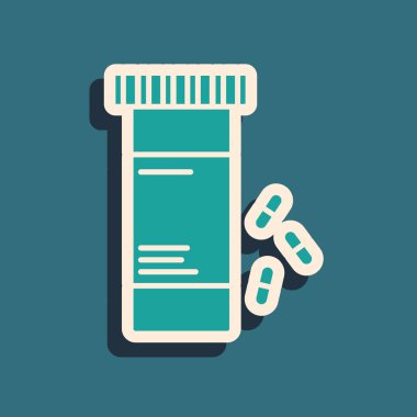 Yeşil Tıp şişe ve hap simgesi mavi arka plan izole. Şişe hapı işareti. Eczane tasarımı. Uzun gölge stili. Vektör İllüstrasyonu