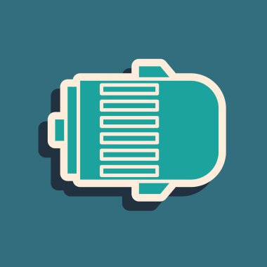 Mavi arkaplanda yeşil elektrik motor simgesi izole edildi. Araba alternatörü. Uzun gölge tarzı. Vektör İllüstrasyonu