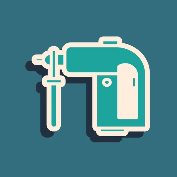 Icono de la máquina perforadora de martillo rotativo eléctrico verde aislado sobre fondo azul. Herramienta de trabajo para la construcción, acabado, trabajos de reparación. Estilo de sombra larga. Ilustración vectorial — Vector de stock