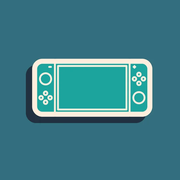 Green Portable video game console icon isolated on blue background. Gamepad sign. Gaming concept. Long shadow style. Vector Illustration — Stock Vector