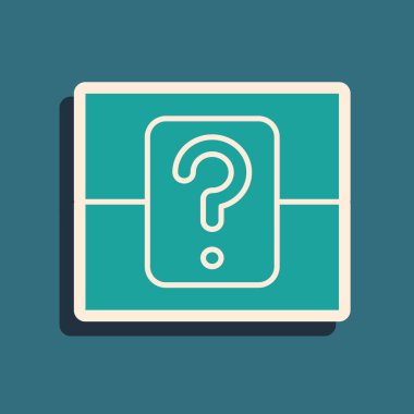 Mavi arkaplanda izole edilmiş oyun simgesi için Yeşil Gizem kutusu veya rastgele ganimet kutusu. Soru kutusu. Uzun gölge tarzı. Vektör İllüstrasyonu