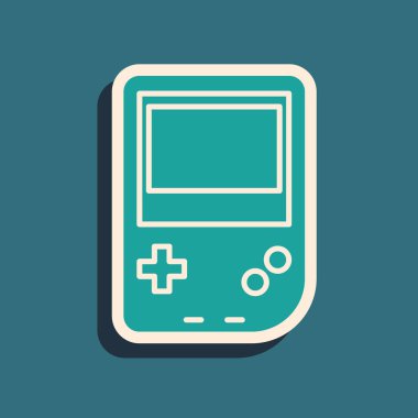 Mavi arkaplanda yeşil taşınabilir video oyun konsolu simgesi izole edildi. Av alanı tabelası. Oyun konsepti. Uzun gölge tarzı. Vektör İllüstrasyonu