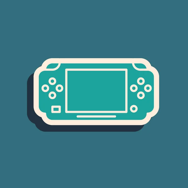 Green Portable video game console icon isolated on blue background. Gamepad sign. Gaming concept. Long shadow style. Vector Illustration — Stock Vector