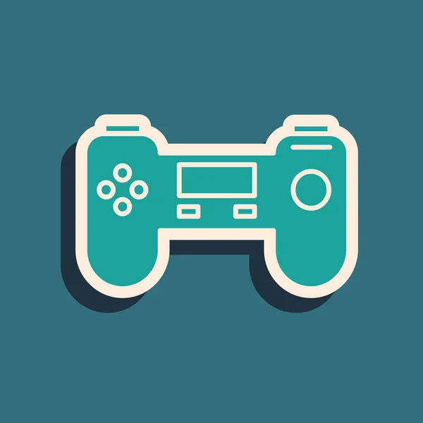 Ícone Gamepad verde isolado no fundo azul. Controlador de jogo. Estilo de sombra longo. Ilustração vetorial —  Vetores de Stock