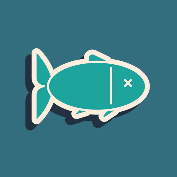 Ikona Zelené ryby izolované na modrém pozadí. Dlouhý stínový styl. Vektorová ilustrace — Stockový vektor