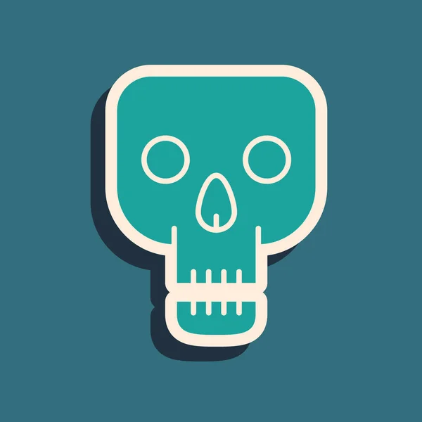 Green Skull icon isolated on blue background. Happy Halloween party. Long shadow style. Vector Illustration — 스톡 벡터