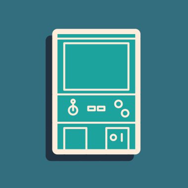 Yeşil Retro oyun makinesi simgesi mavi arkaplanda izole edildi. Uzun gölge tarzı. Vektör İllüstrasyonu