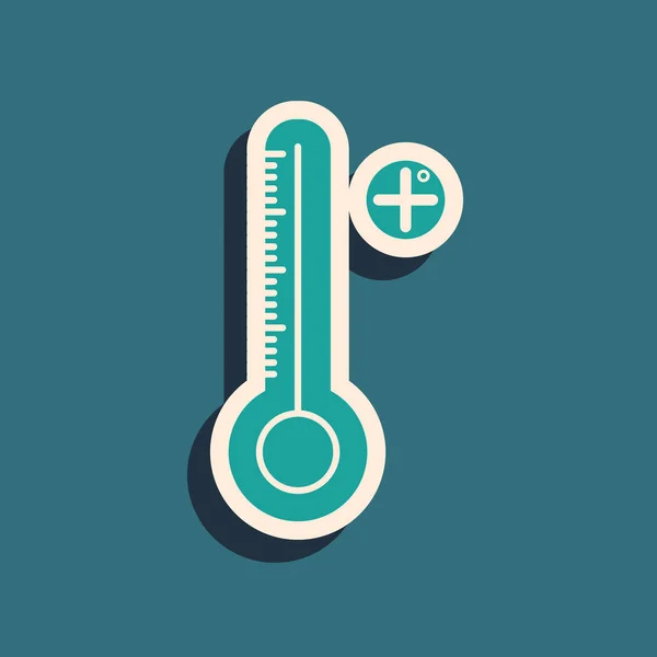 Termômetro digital médico verde para ícone de exame médico isolado em fundo azul. Estilo de sombra longo. Ilustração vetorial —  Vetores de Stock