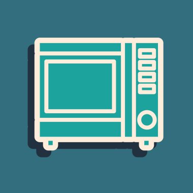 Yeşil Mikrodalga fırın simgesi mavi arka plan üzerinde izole. Ev aletleri simgesi. Uzun gölge stili. Vektör İllüstrasyonu