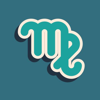 Mavi arka planda yeşil başak burcu simgesi izole edildi. Astrolojik yıldız falı koleksiyonu. Uzun gölge tarzı. Vektör İllüstrasyonu