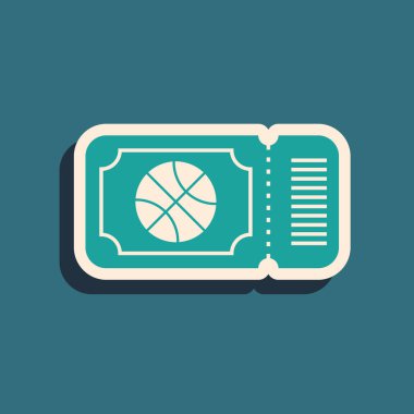 Yeşil basketbol bileti ikonu mavi arka planda izole edildi. Uzun gölge tarzı. Vektör İllüstrasyonu