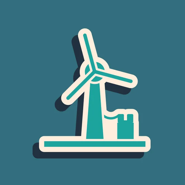 Green Wind turbine icon isolated on blue background. Wind generator sign. Windmill for electric power production. Long shadow style. Vector Illustration — 스톡 벡터