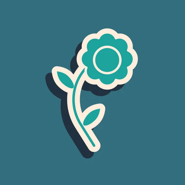 Green Flower icon isolated on blue background. Long shadow style. Vector Illustration — 스톡 벡터