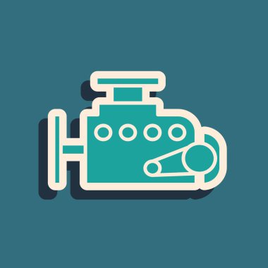 Mavi arka planda yeşil araba motor simgesi izole edildi. Uzun gölge tarzı. Vektör İllüstrasyonu