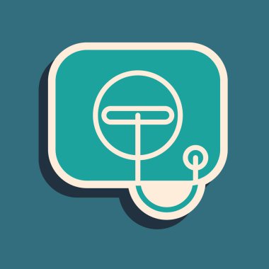 Benzin istasyonu ikonunda yeşil yağ dolgu kapağı açılıyor. Mavi arka planda izole edilmiş. Uzun gölge tarzı. Vektör İllüstrasyonu