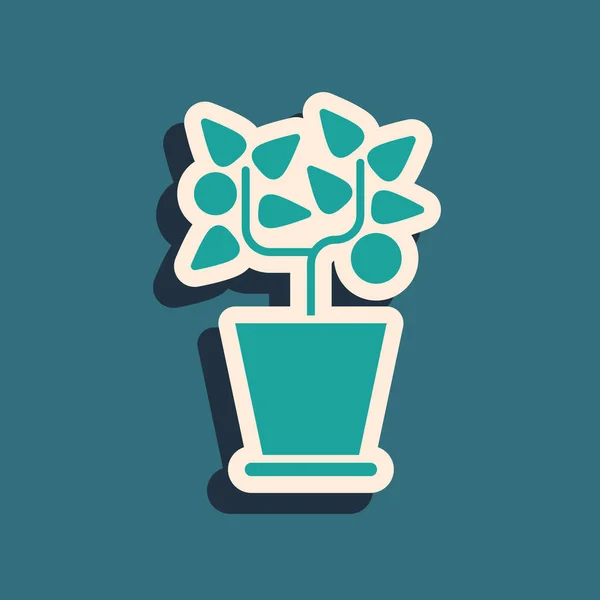 Green Plant in pot icon isolated on blue background. Plant growing in a pot. Potted plant sign. Long shadow style. Vector Illustration — ストックベクタ