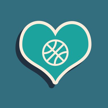 Yeşil Kalp ve basketbol topu mavi arka planda izole edilmiş bir ikon. Basketbol aşkı. Uzun gölge tarzı. Vektör İllüstrasyonu