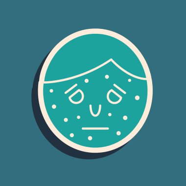 Mavi arka planda sedef ya da egzama ikonu olan yeşil yüz. Alerjene veya kronik vücut sorununa karşı insan derisi tepkisi kavramı. Uzun gölge tarzı. Vektör İllüstrasyonu