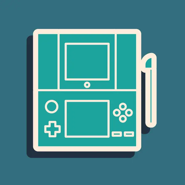 Green Portable video game console icon isolated on blue background. Gamepad sign. Gaming concept. Long shadow style. Vector Illustration — 스톡 벡터