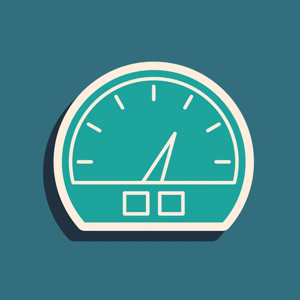 Green Speedometer icon isolated on blue background. Long shadow style. Vector Illustration — 스톡 벡터