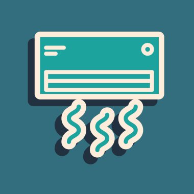 Mavi arkaplanda yeşil klima simgesi izole edildi. Sistemin havalandırmasını böl. Soğuk ve soğuk iklim kontrol sistemi. Uzun gölge tarzı. Vektör İllüstrasyonu