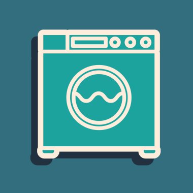 Yeşil Yıkıntı simgesi mavi arka planda yalıtılmış. Çamaşır makinesi simgesi. Çamaşır makinesi- çamaşır makinesi. Ev aletleri sembolü. Uzun gölge stili. Vektör İllüstrasyonu