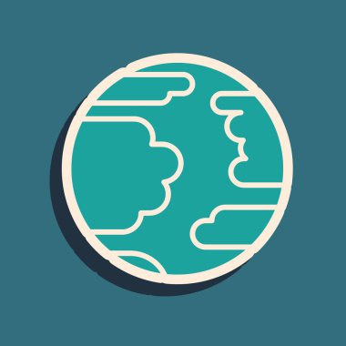 Yeşil Gezegen Merkür simgesi mavi arkaplanda izole edildi. Uzun gölge tarzı. Vektör İllüstrasyonu