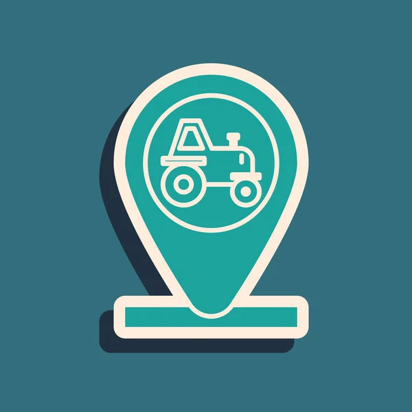 Green Tractor and location icon isolated on blue background. Long shadow style. Vector Illustration — ストックベクタ