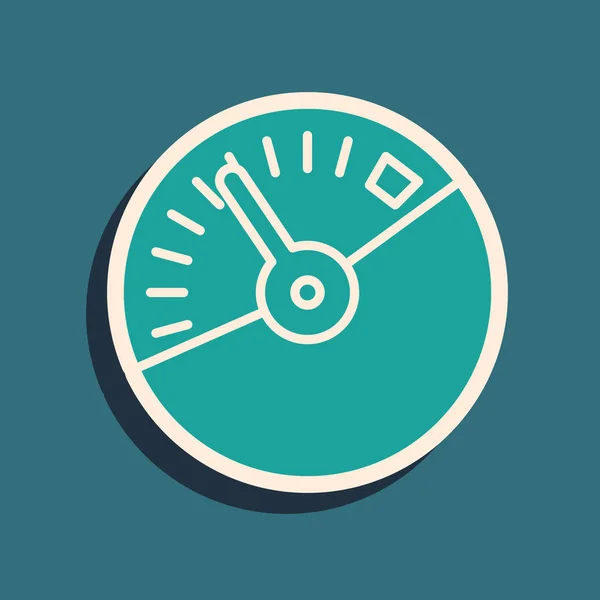 Green Speedometer icon isolated on blue background. Long shadow style. Vector Illustration — 스톡 벡터
