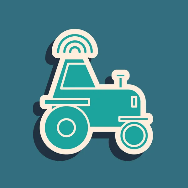 Green Self driving tracteur sans fil sur une icône de ferme intelligente isolé sur fond bleu. Agriculture intelligente élément de mise en œuvre. Style ombre longue. Illustration vectorielle — Image vectorielle
