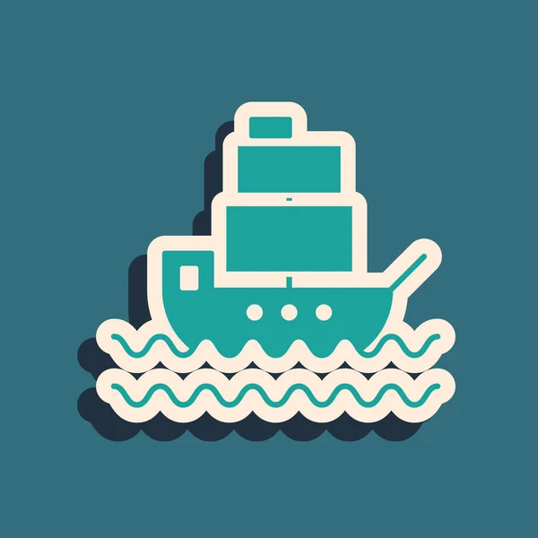 Green Ship icon isolated on blue background. Long shadow style. Vector Illustration — Stock Vector