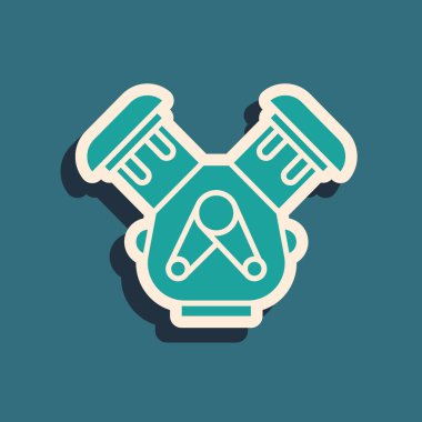 Mavi arka planda yeşil araba motor simgesi izole edildi. Uzun gölge tarzı. Vektör İllüstrasyonu