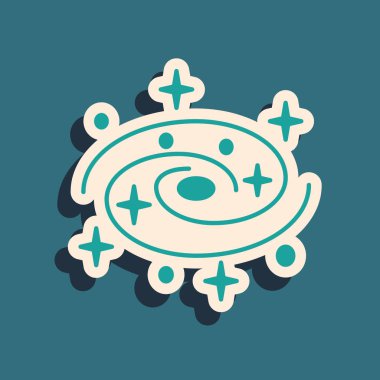 Yeşil Samanyolu sarmal galaksisi mavi arka planda izole edilmiş yıldız ikonu ile. Uzun gölge tarzı. Vektör İllüstrasyonu