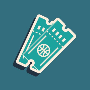 Yeşil basketbol bileti ikonu mavi arka planda izole edildi. Uzun gölge tarzı. Vektör İllüstrasyonu