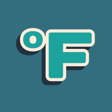 Yeşil Fahrenheit simgesi mavi arkaplanda izole edildi. Uzun gölge tarzı. Vektör İllüstrasyonu