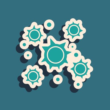 Mavi arkaplanda yeşil bakteri simgesi izole edildi. Bakteriler ve mikroorganizmalar, sebep olan mikroorganizma hastalıkları, hücre kanseri, mikrop, virüs, mantar. Uzun gölge tarzı. Vektör İllüstrasyonu