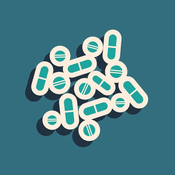Grüne Medikamentenpille oder Tablettensymbol isoliert auf blauem Hintergrund. Kapselpille und Medikamentenzeichen. Apothekendesign. Lange Schatten. Vektorillustration — Stockvektor