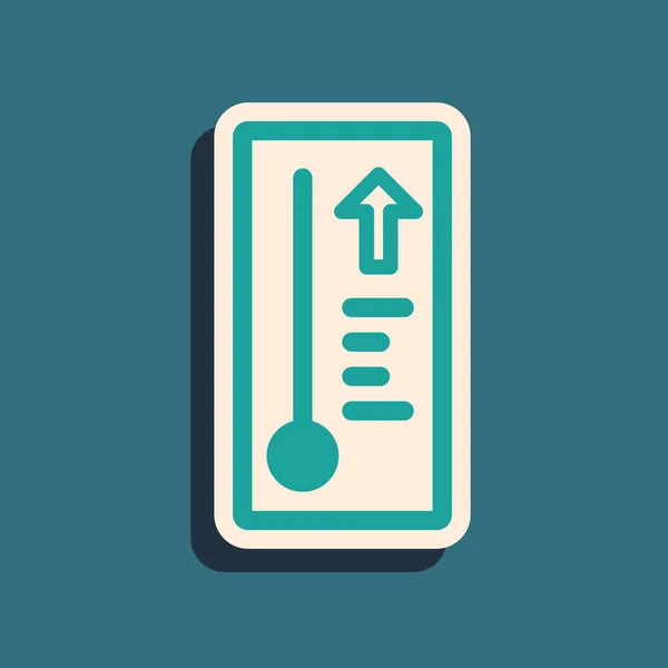 Termómetro de meteorología verde que mide el calor y el frío icono aislado sobre fondo azul. Equipo de termómetro que muestra clima caliente o frío. Estilo de sombra larga. Ilustración vectorial — Vector de stock