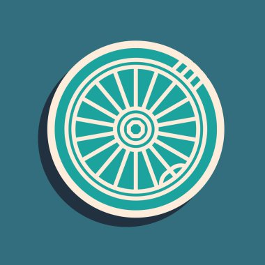 Yeşil Araba Tekerleği simgesi mavi arkaplanda izole edildi. Uzun gölge tarzı. Vektör İllüstrasyonu