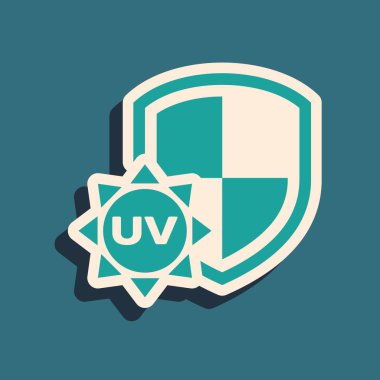 Mavi arka planda izole edilmiş Yeşil Uv koruma simgesi. Güneş ve kalkan. Ultraviyole ışınları radyasyon. Spf güneş işareti. Uzun gölge stili. Vektör İllüstrasyonu