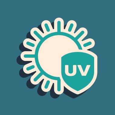 Mavi arka planda izole edilmiş Yeşil Uv koruma simgesi. Güneş ve kalkan. Ultraviyole ışınları radyasyon. Spf güneş işareti. Uzun gölge stili. Vektör İllüstrasyonu