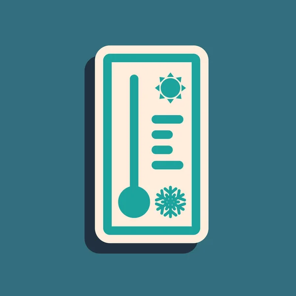 Green Meteorology thermometer measuring heat and cold icon isolated on blue background. Thermometer equipment showing hot or cold weather. Long shadow style. Vector Illustration — 스톡 벡터