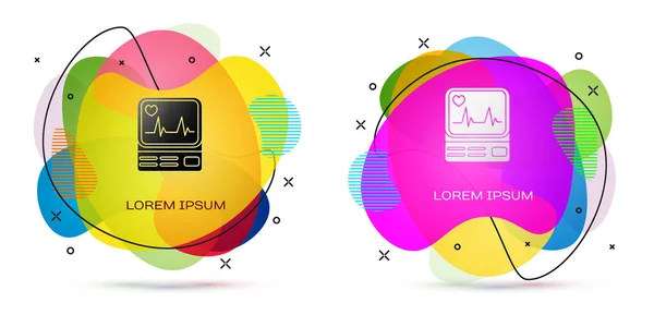 Monitor de ordenador a color con icono de cardiograma aislado sobre fondo blanco. Icono de monitoreo. Monitor ECG con latidos cardíacos dibujados a mano. Banner abstracto con formas líquidas. Ilustración vectorial — Archivo Imágenes Vectoriales